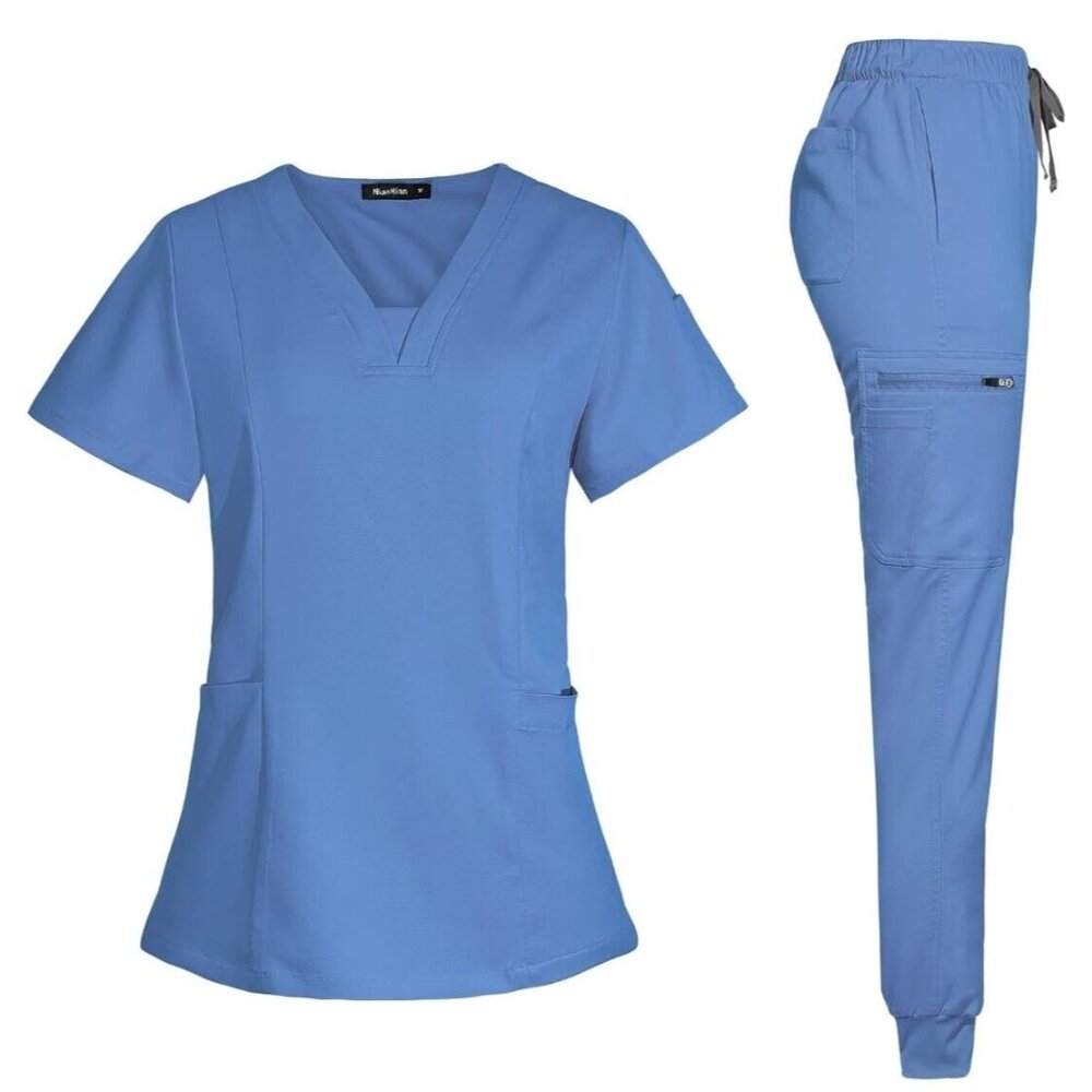 Blue Jogger Scrub Set with V-Neck Top